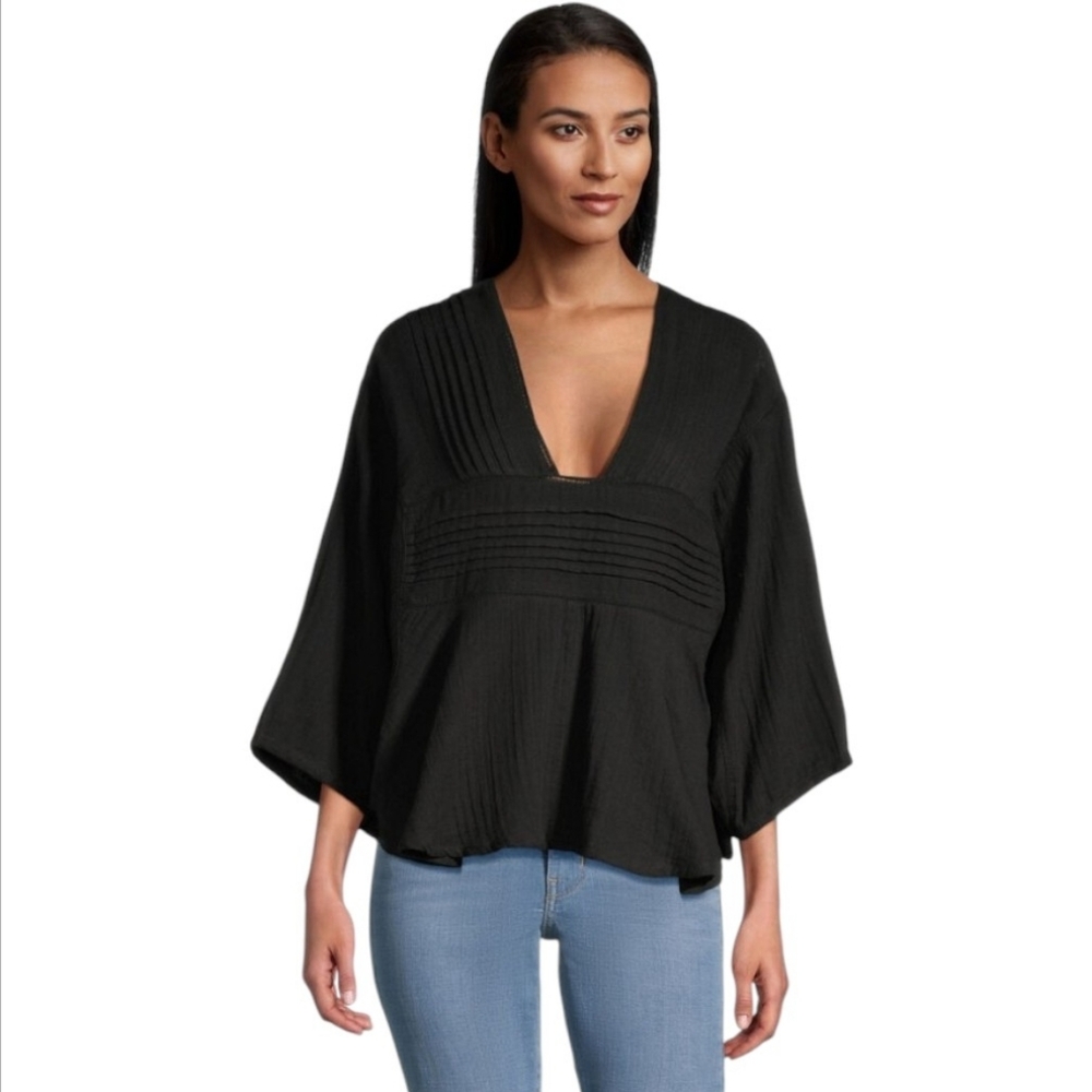 World Market Leah Pleated Elegant Black Balloon Sleeve Top Size S/M